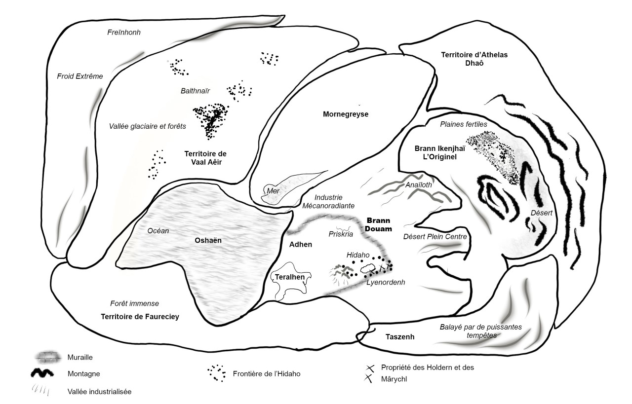 Carte de Stelhenia, l'un des mondes du Cycle des Trois Marches, roman de science-fiction