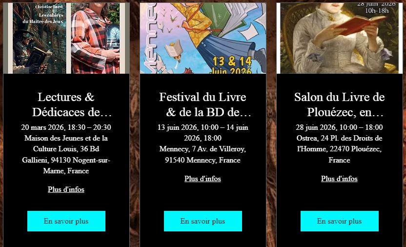 L'auteure Christine Barsi Planning de l'auteure pour le 1er semestre 2026